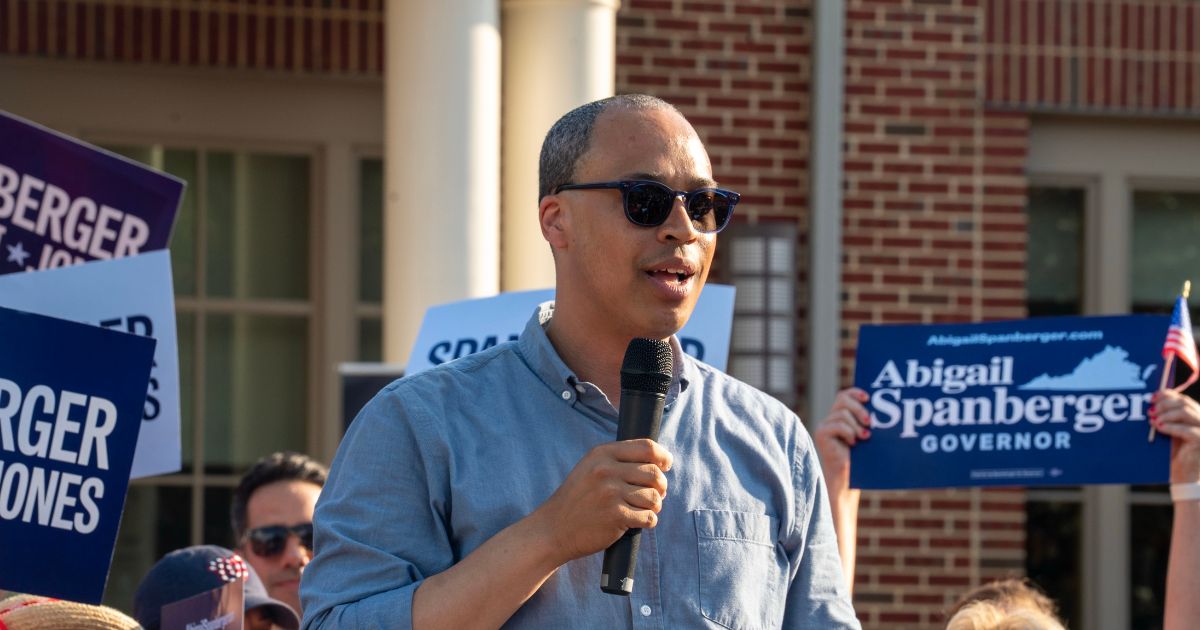 Jay Jones, who is running to become Virginia's attorney general in 2025, speaks to the audience during Abigail Spanberger's bus tour stop at Stacy C. Sherwood Community Center in Fairfax, Virginia, on June 26, 2025.