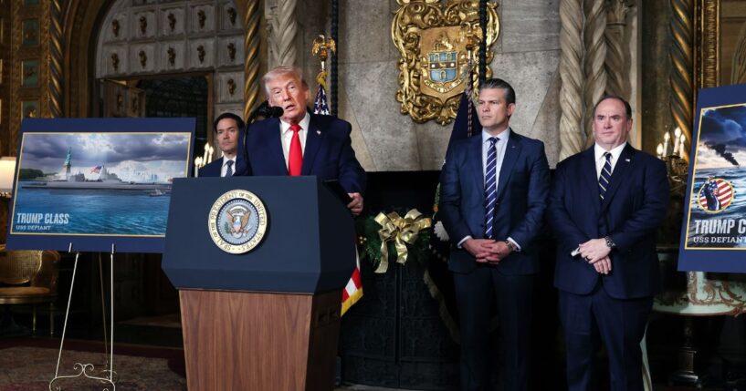 President Donald Trump, joined by Secretary of State Marco Rubio, Secretary of War Pete Hegseth, and Secretary of the Navy John Phelan, announced the creation of the “Trump-class” battleship during a statement to the media at Trump’s Mar-a-Lago estate on Dec. 22, 2025, in Palm Beach, Florida.