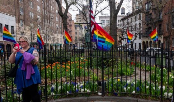 The rainbow flag flies at the Stonewall National Monument on April 13, 2026, in New York City.