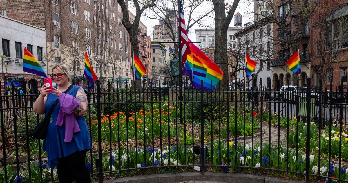 The rainbow flag flies at the Stonewall National Monument on April 13, 2026, in New York City.