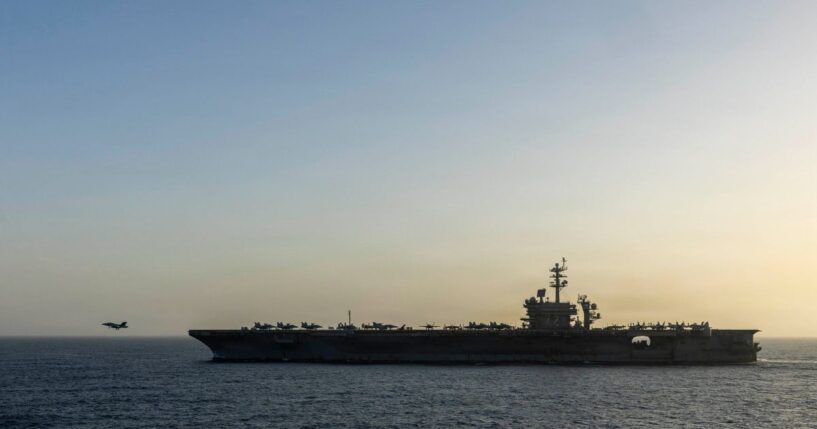 USS Abraham Lincoln conducts U.S. blockade operations related to the Strait of Hormuz on April 16, 2026, in the Arabian Sea.