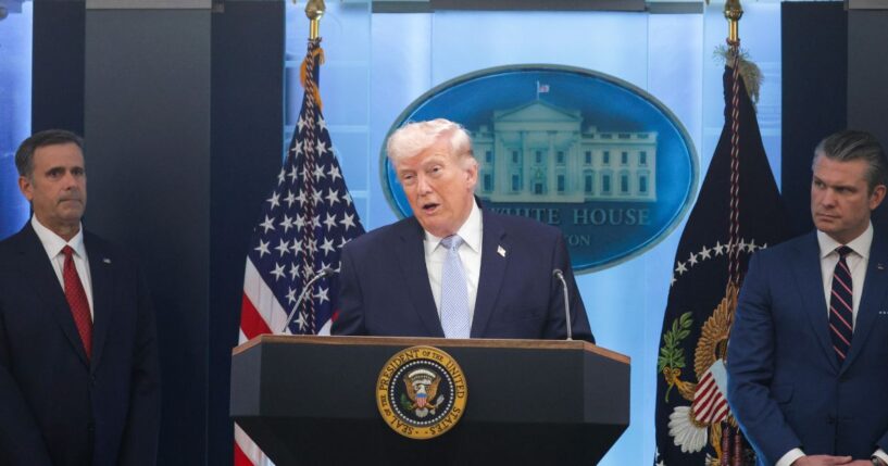 President Donald Trump speaks alongside Central Intelligence Agency Director John Ratcliffe and Secretary of War Pete Hegseth during a news conference in James S. Brady Press Briefing Room of the White House on April 6, 2026, in Washington, D.C.
