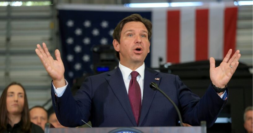 Florida Gov. Ron DeSantis speaks during a press conference held at the ICE-Enforcement and Removal Operation office on May 1, 2025, in Miramar, Florida.