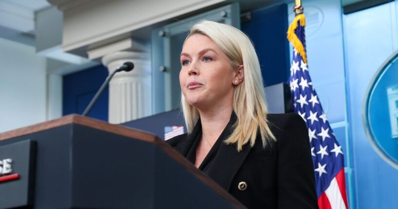 White House Press Secretary Karoline Leavitt speaks during the daily press briefing in the Brady Press Briefing Room at the White House on April 27, 2026, in Washington, D.C.