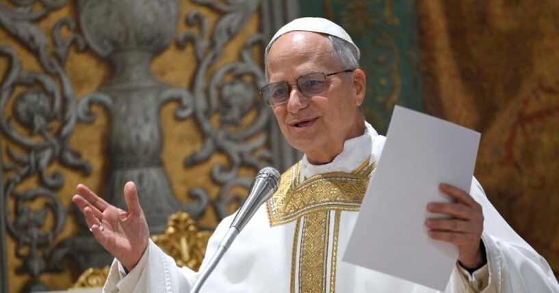 Pope Leo XIV presides over Mass with cardinals in the Sistine Chapel at the conclusion of the Conclave on May 9, 2025, in Vatican City, Vatican.