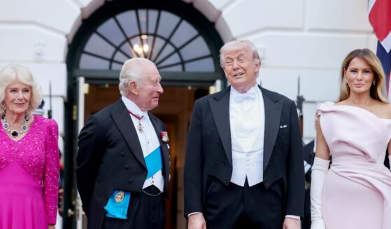 President Donald Trump and First Lady Melania Trump welcome Queen Camilla and King Charles III to the White House for a state dinner on April 28, 2026, in Washington, D.C.