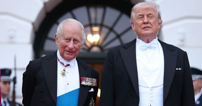 President Donald Trump welcomes King Charles III to the White House for a state dinner on April 28, 2026, in Washington, D.C.