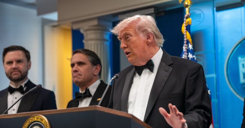 President Donald Trump speaks during a press conference in the Brady Briefing Room of the White House on April 25, 2026, in Washington, D.C.