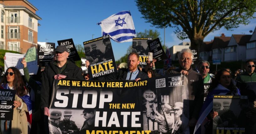 People participate in an "Anti-Zionism = Terrorism" protest, organized by the pressure group Stop the Hate in Golders Green following the stabbing of two people earlier on April 29, 2026, in the Golders Green area of London, England.