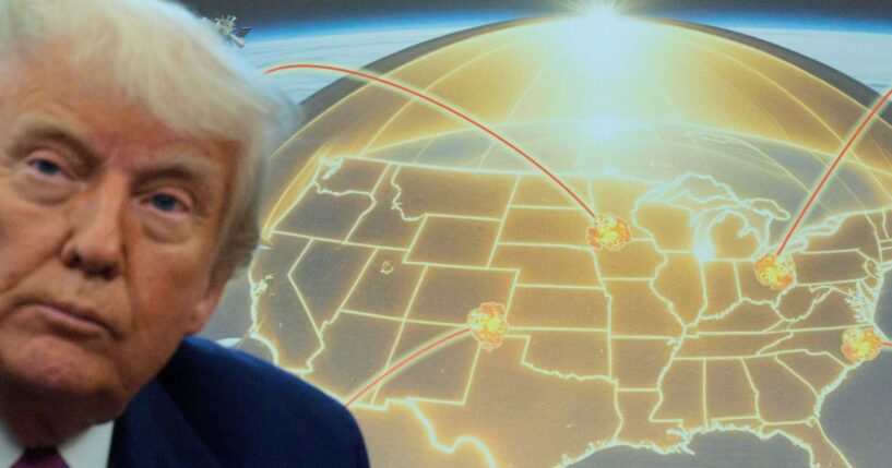 President Donald Trump speaks in front of a map of Trump's proposed 