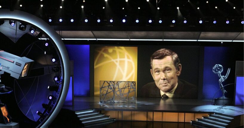Late night host David Letterman makes a tribute to Johnny Carson onstage at the 57th Annual Emmy Awards held at the Shrine Auditorium on Sept. 18, 2005, in Los Angeles, California.