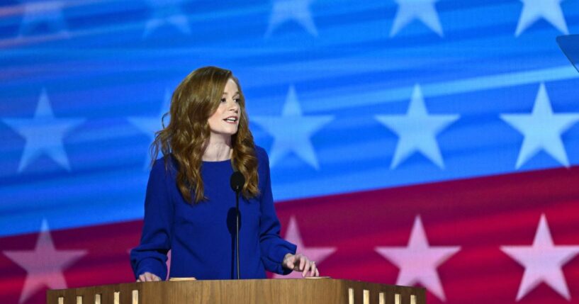 Michigan State Sen. Mallory McMorrow speaks on the first day of the Democratic National Convention at the United Center in Chicago, Illinois, on Aug. 19, 2024.