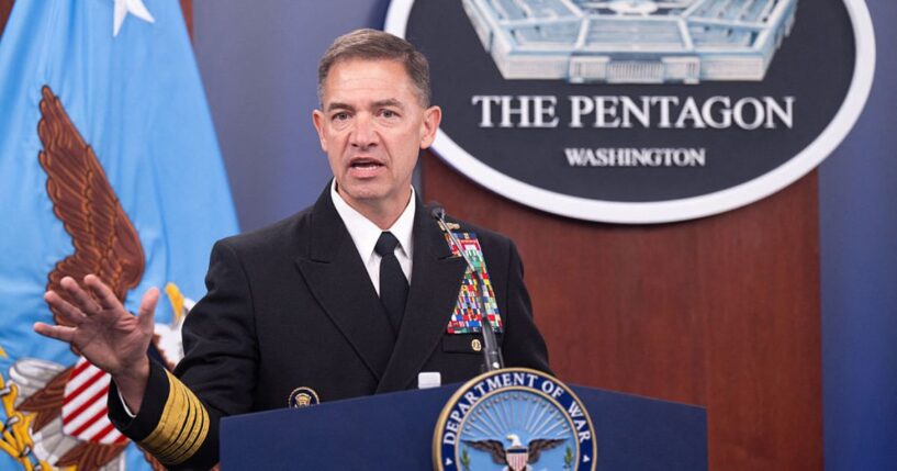 CENTCOM Commander Admiral Brad Cooper speaks during an April 16 media briefing at the Pentagon in Washington, D.C. Cooper reportedly is scheduled to brief President Donald Trump on the potential use of the Dark Eagle weapons system.