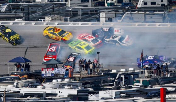 Tyler Reddick, driver of the #45 Rockstar Energy Drink Toyota, Joey Logano, driver of the #22 Shell-Pennzoil Ford, Josh Berry, driver of the #21 Motorcraft/Quick Lane Ford, Austin Cindric, driver of the #2 Menards /FrogTape Ford, Connor Zilisch, driver of the #88 Red Bull Chevrolet, and Bubba Wallace, driver of the #23 Xfinity Toyota, spin after an on-track incident during the NASCAR Cup Series Jack Link's 500 at Talladega Superspeedway Sunday in Talladega, Alabama.
