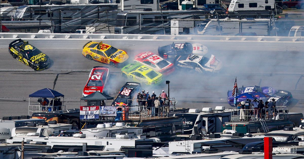 Tyler Reddick, driver of the #45 Rockstar Energy Drink Toyota, Joey Logano, driver of the #22 Shell-Pennzoil Ford, Josh Berry, driver of the #21 Motorcraft/Quick Lane Ford, Austin Cindric, driver of the #2 Menards /FrogTape Ford, Connor Zilisch, driver of the #88 Red Bull Chevrolet, and Bubba Wallace, driver of the #23 Xfinity Toyota, spin after an on-track incident during the NASCAR Cup Series Jack Link's 500 at Talladega Superspeedway Sunday in Talladega, Alabama.