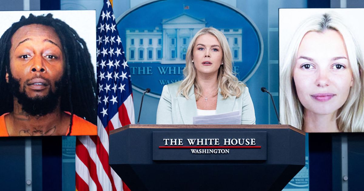 In a file photo from September, White House Press Secretary Karoline Leavitt speaks alongside a photo of Ukrainian refugee Iryna Zarutska, right, who was allegedly killed by Decarlos Brown Jr., left, on a light rail train in Charlotte, North Carolina.