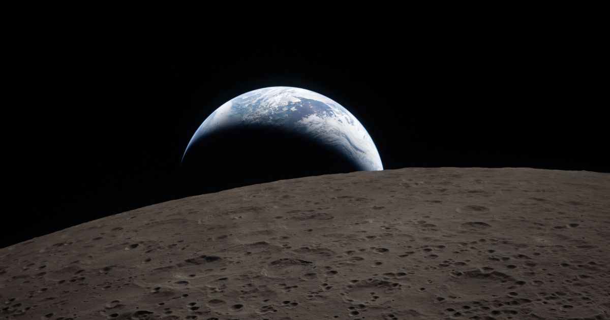 "Earthset" is captured through the Orion spacecraft window at 6:41 p.m. EDT, Monday during the Artemis II crew’s flyby of the moon.