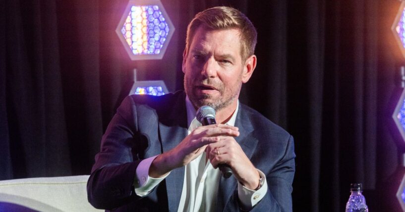 Then-Rep. Eric Swalwell of California, who resigned in disgrace Tuesday amid sexual assault allegations, is seen in a file photo from February, speaking at a California governor candidate forum in Los Angeles.