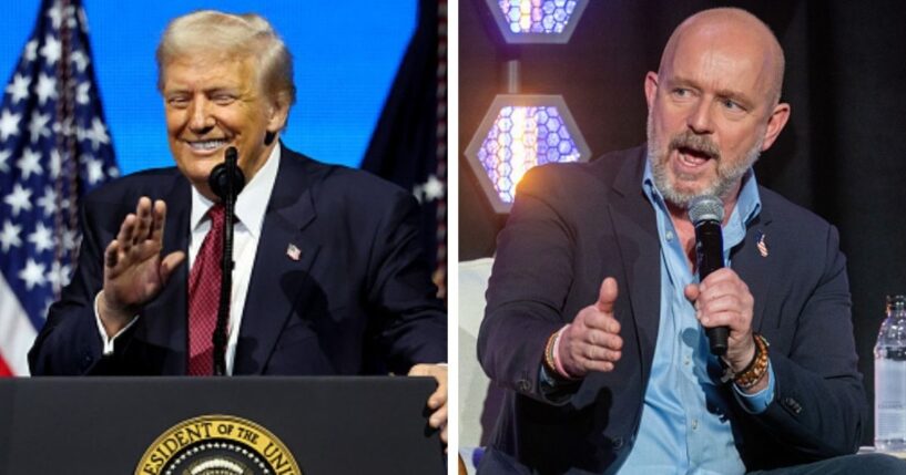 President Trump at a podium and California Gubernatorial Candidate Steve Hilton speaks at a forum.