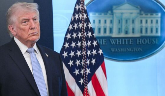 President Trump stands in the James S. Brady Press Room on April 6, 2026.