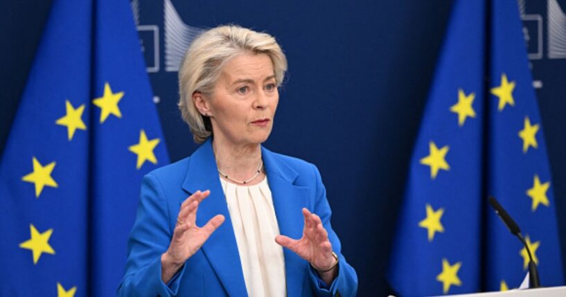 European Union President Ursula Von Der Leyen stands at a podium as she speaks to the press on April 13, 2026.