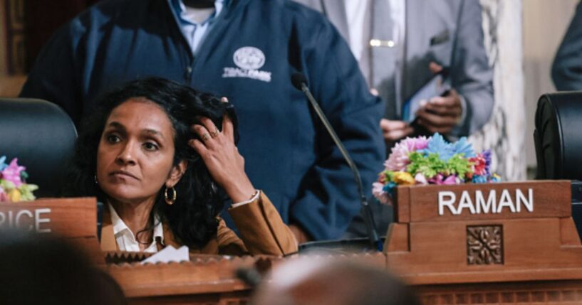 Councilwoman Nithya Raman sits at a dais on June 11, 2024.