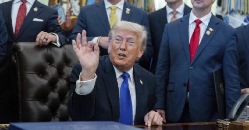 President Trump speaks in the Oval Office on April 30, 2026 flanked by administration officials.