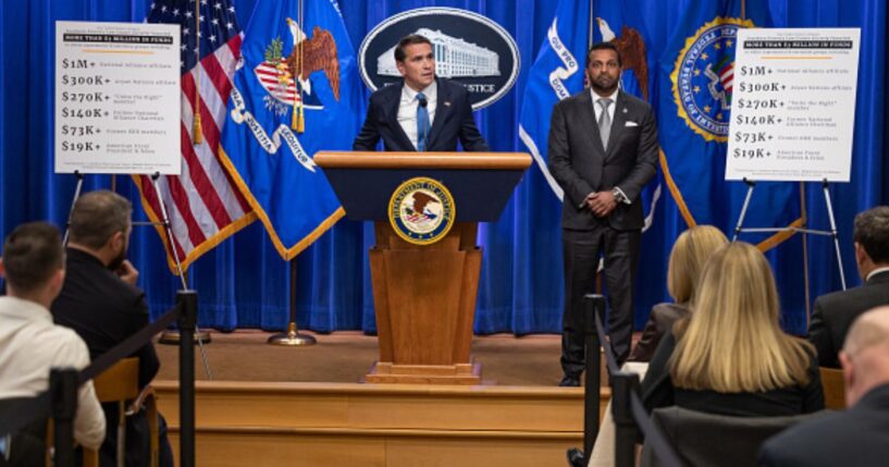 Acting Attorney General Todd Blanche stands and announces initiative against the SPLC alongside FBI Director Kash Patel on April 21, 2026.