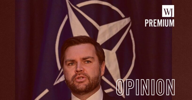 Vice President J.D. Vance speaks in front of the NATO logo in February 2025 at the 61st Munich Security Conference in Munich, Germany.