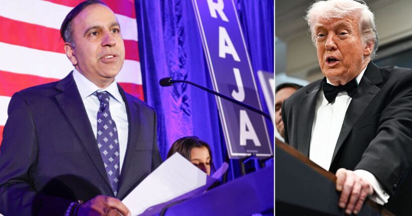 Illinois Rep. Raja Krishnamoorthi, left, seen in a March photo, blamed President Donald Trump for the assassination attempts on the commander in chief.