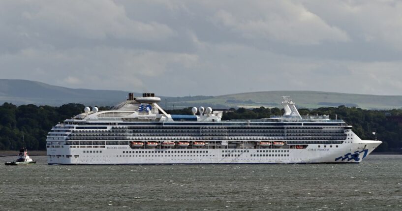 The Coral Princess, a Princess Cruises ship, sitting off the coast of South Queensferry in Dalgety Bay, Scotland, on June 28, 2024.