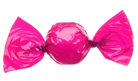 A candy wrapped in a pink wrapper.
