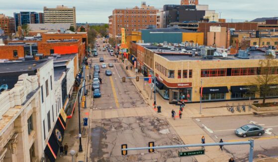 An aerial view of Downtown Ann Arbor, Michigan.