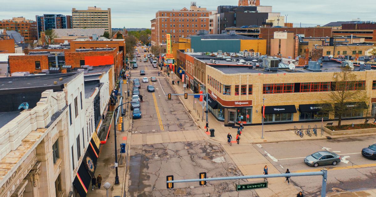 An aerial view of Downtown Ann Arbor, Michigan.