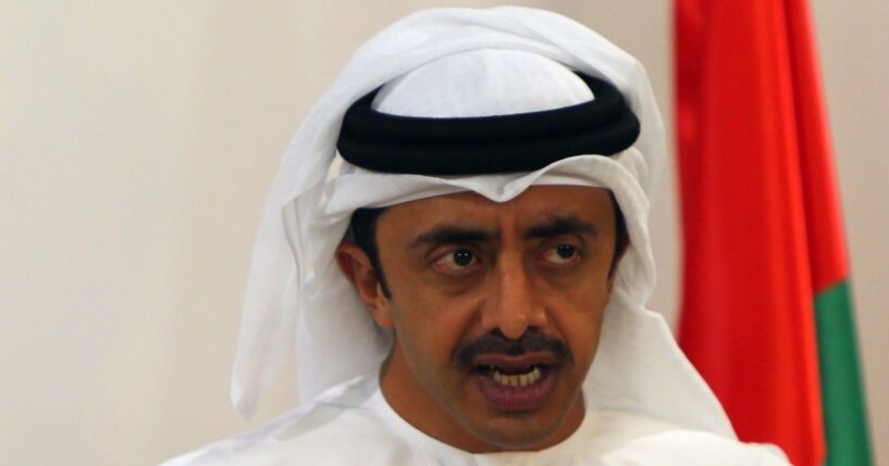 Emirati Foreign Minister Sheikh Abdullah bin Zayed al-Nahyan speaks during a news conference at the Foreign Ministry in Abu Dhabi on April 8, 2015.