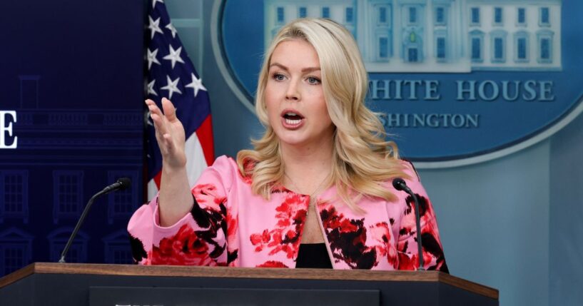 White House Press Secretary Karoline Leavitt answers questions during a news briefing at the James S. Brady Press Briefing Room of the White House on March 30, 2026 in Washington, DC.