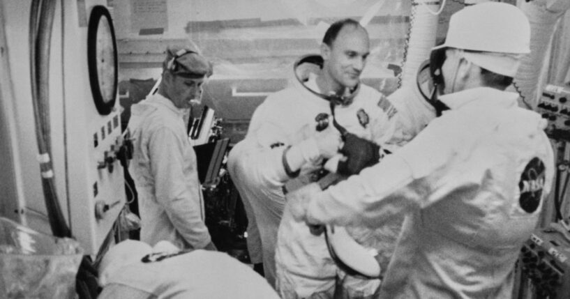 American astronaut Ken Mattingly of Apollo 13 enters the white room following the countdown test ahead of the Apollo 13 mission at Kennedy Space Center on Merritt Island, Florida, on March 26, 1970.