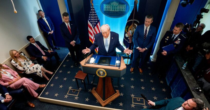 President Donald Trump speaks and gestures in the James S. Brady Press Briefing Room of the White House on April 6, 2026 in Washington, DC.