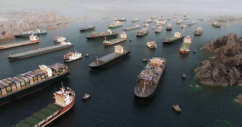Cargo vessels sit in congested traffic in the Strait of Hormuz on March 25, 2026.