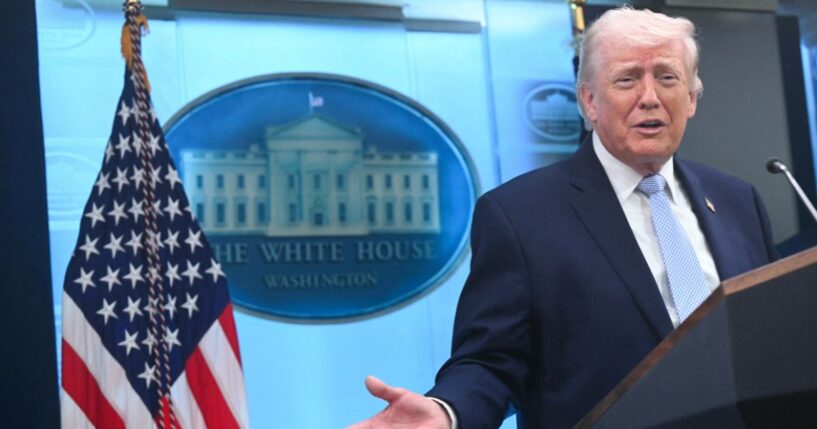 President Donald Trump talks about the Iran conflict in the James S. Brady Press Room of the White House in Washington, DC on April 6, 2026.