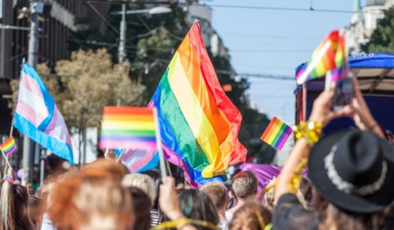 A picture of a crowd holding up LGBT flags during a gay pride parade.
