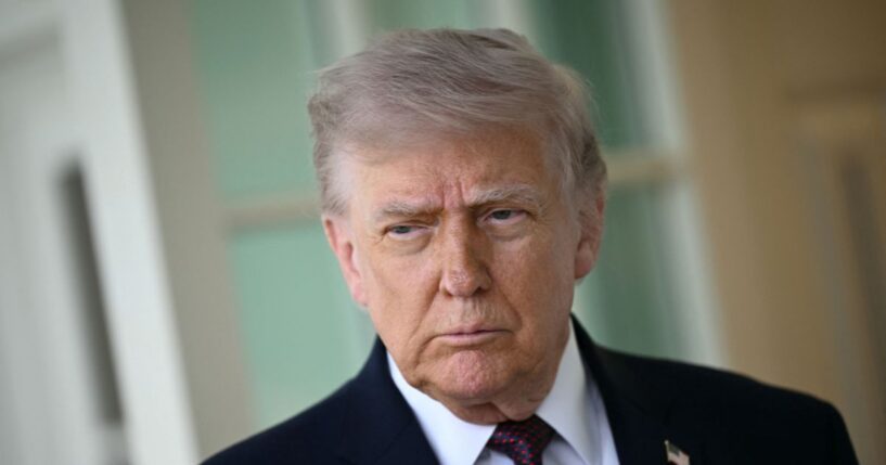 President Donald Trump speaks to reporters outside the Oval Office of the White House in Washington, DC on April 13, 2026.