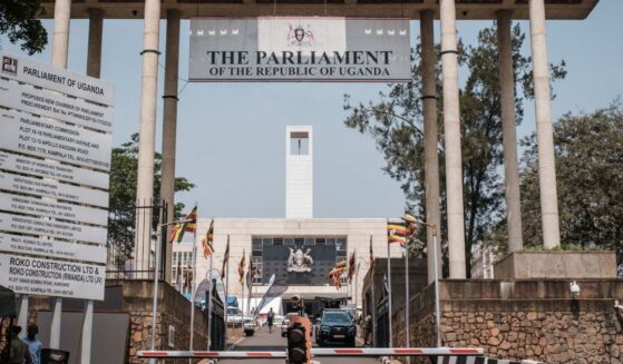 The entrance of the Ugandan Parliament building stands in Kampala, Uganda, on Jan. 25, 2020.