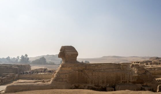 A wide shot of the Great Sphinx at the Giza Pyramids necropolis in Giza, Egypt on Nov. 7, 2025.