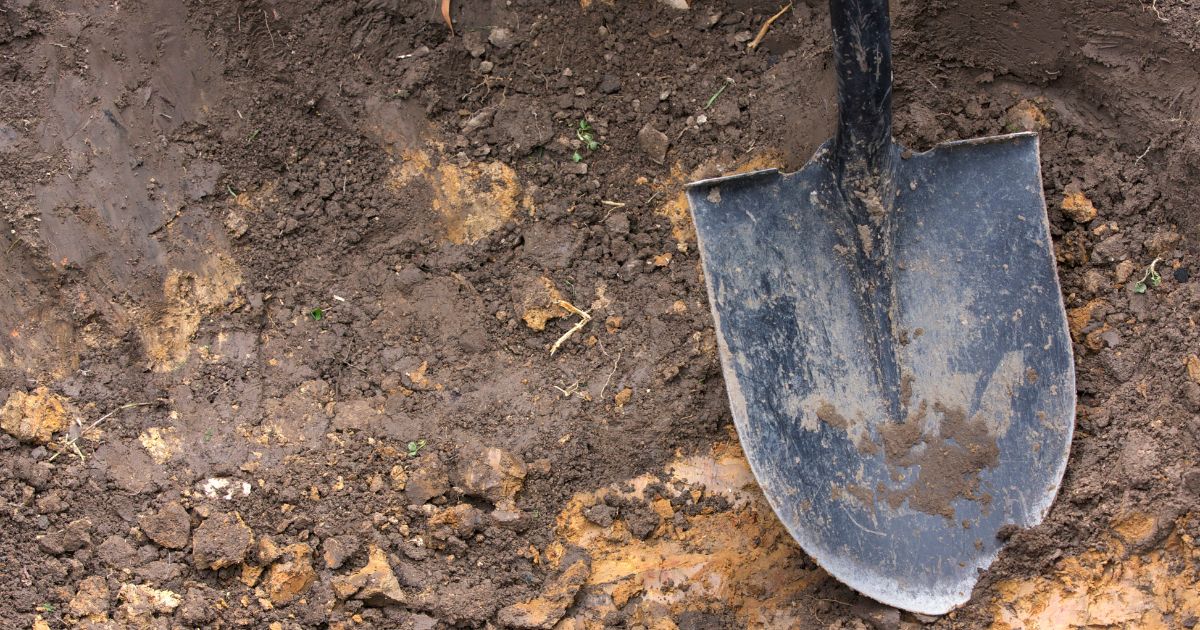 A close-up of a shovel in the dirt.