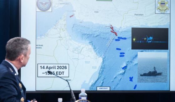 US Chairman of the Joint Chiefs of Staff General Dan Caine speaks as he looks at a map of the Strait of Hormuz in the Pentagon in Washington, DC on April 16, 2026.