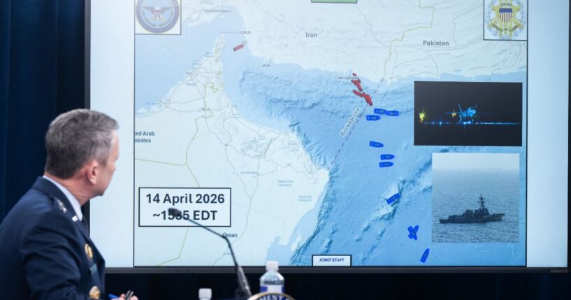 US Chairman of the Joint Chiefs of Staff General Dan Caine speaks as he looks at a map of the Strait of Hormuz in the Pentagon in Washington, DC on April 16, 2026.