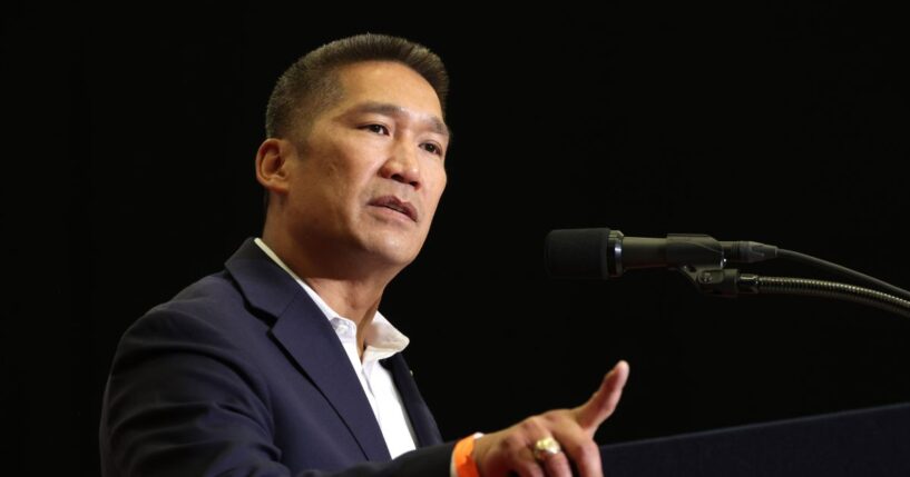 Then-Republican Senate candidate Hung Cao speaks at a campaign event for then-vice presidential nominee JD Vance in Radford, Virginia, on July 22, 2024.