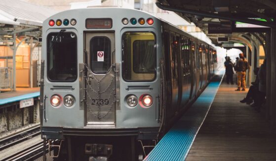 A train stationed at a railroad station platform in Chicago.