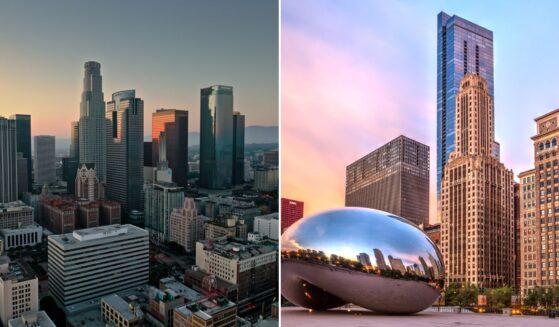Views of downtown Los Angeles and downtown Chicago.